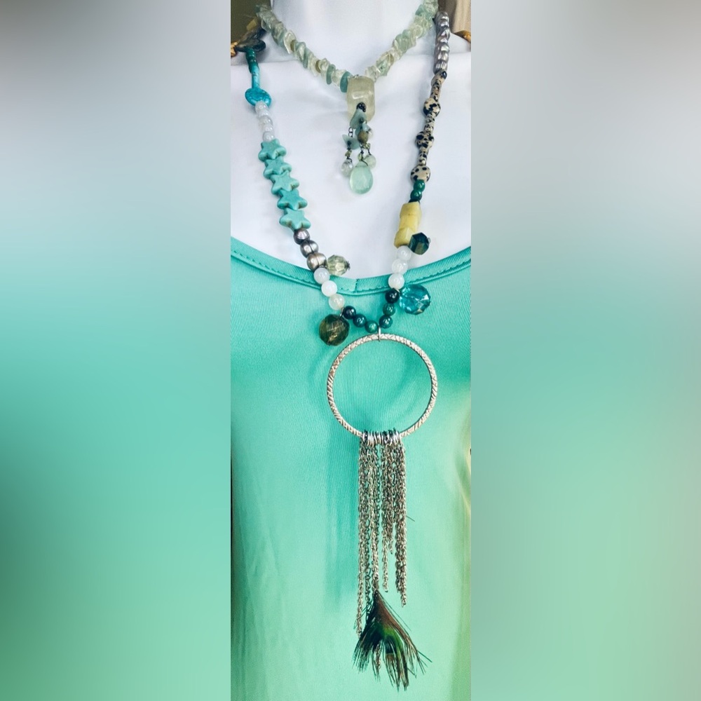 Elegant Turquoise, Pearl, Aquamarine, And Other Gemstones Handmade Necklace Set